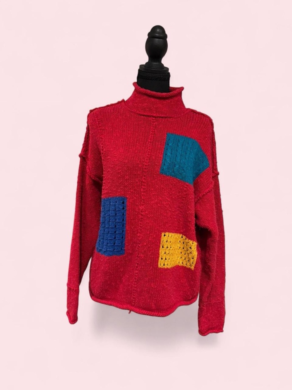 Red Patchwork Turtleneck Sweater